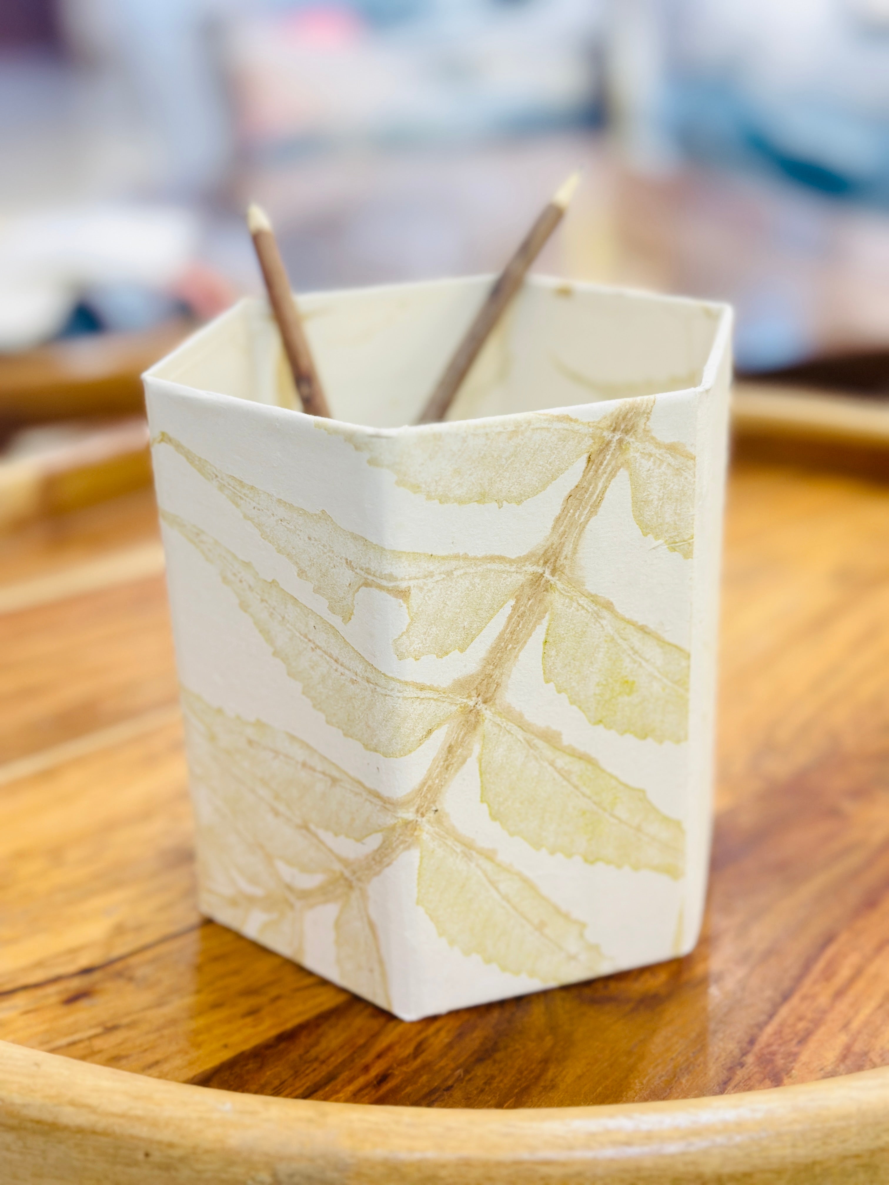 Handmade Paper hexagon Leaf Printed Pen Holder