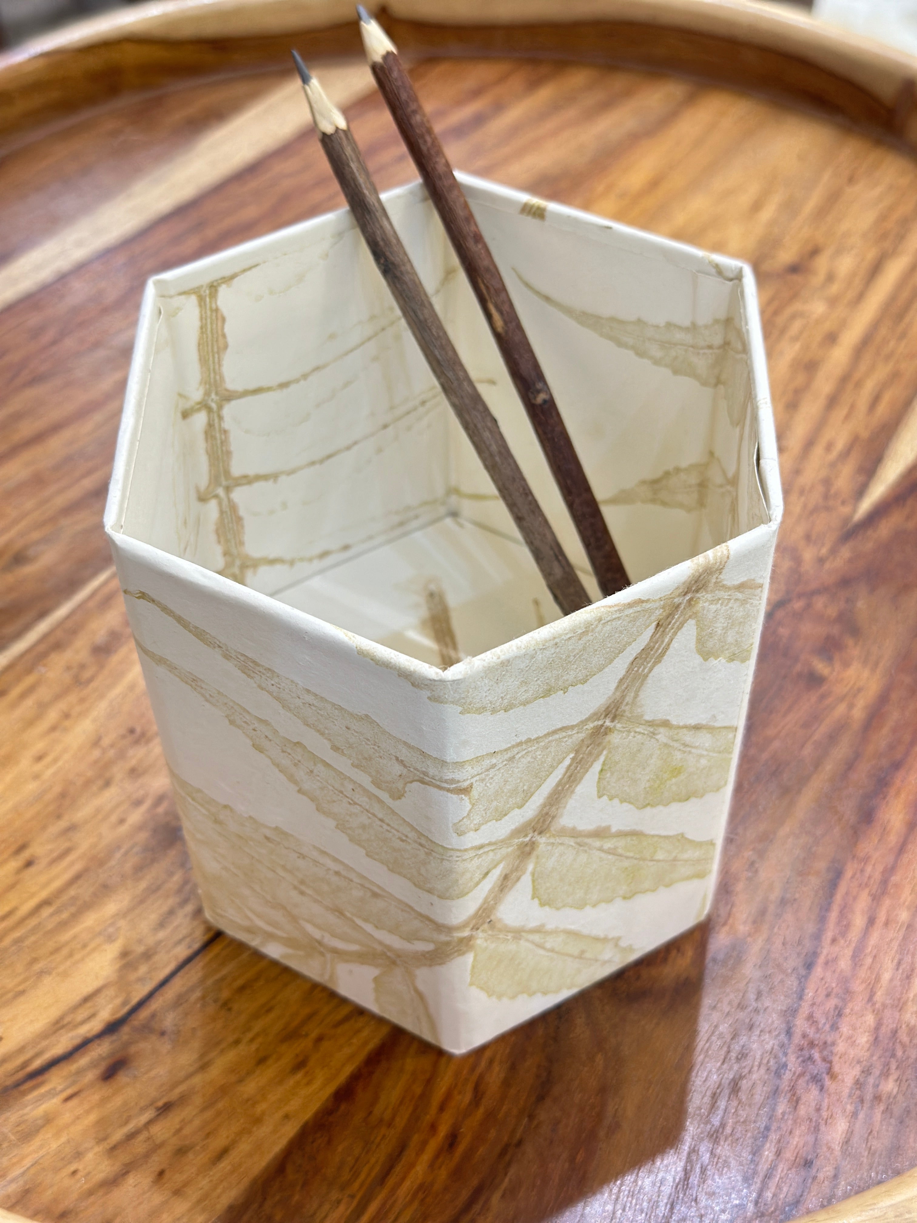 Handmade Paper hexagon Leaf Printed Pen Holder